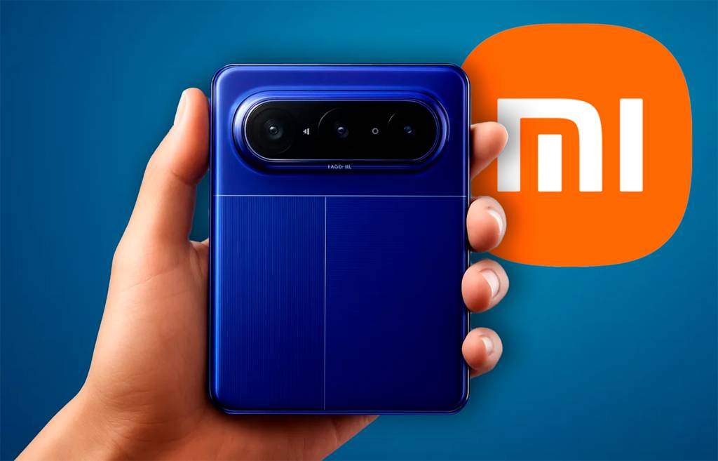 Un smartphone plegable de Xiaomi abierto, mostrando su pantalla interior expandida, con un diseño futurista y elegante sobre un fondo tecnológico sutil.