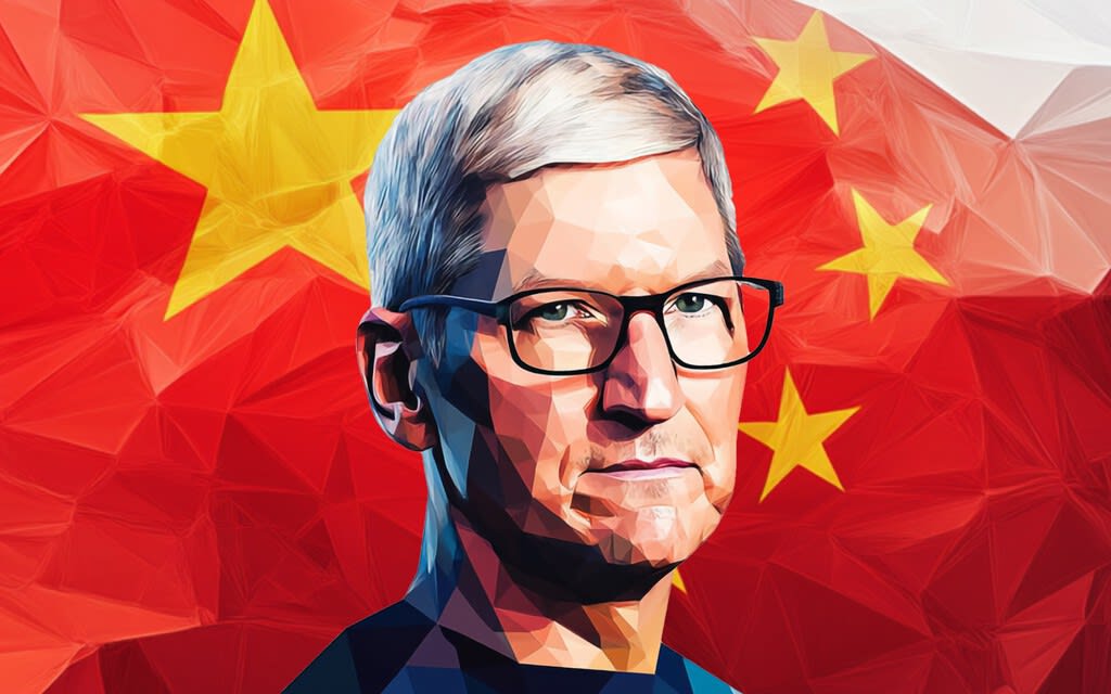 Un iPhone de Apple mostrando una interfaz de inteligencia artificial abstracta en un entorno urbano moderno de China.