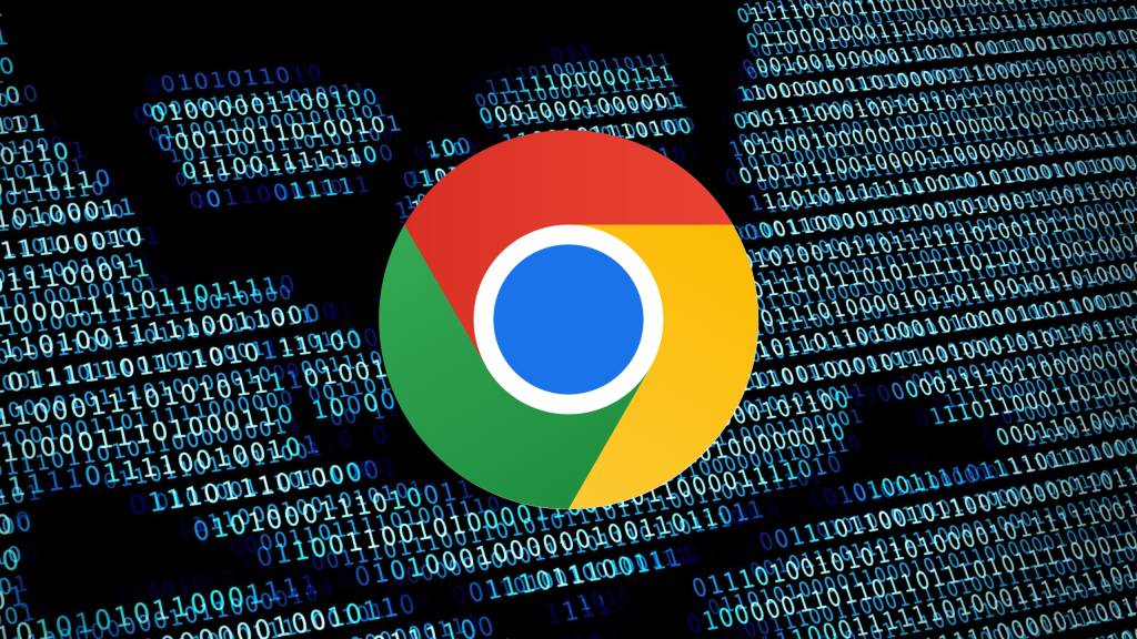 Un icono de alerta de Google Chrome superpuesto a un fondo digital abstracto con código binario, simbolizando el peligro de malware.