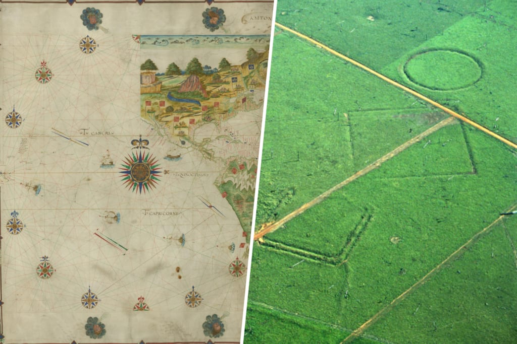 Representación artística de una antigua ciudad amazónica descubierta con tecnología LiDAR, mostrando estructuras de tierra integradas en la selva.