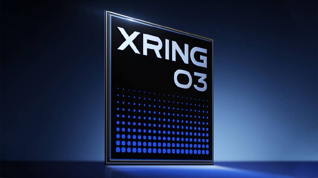 Un chip de computadora abstracto con líneas de código y nodos de inteligencia artificial brillando alrededor, representando el nuevo procesador Xring O3 de Xiaomi.