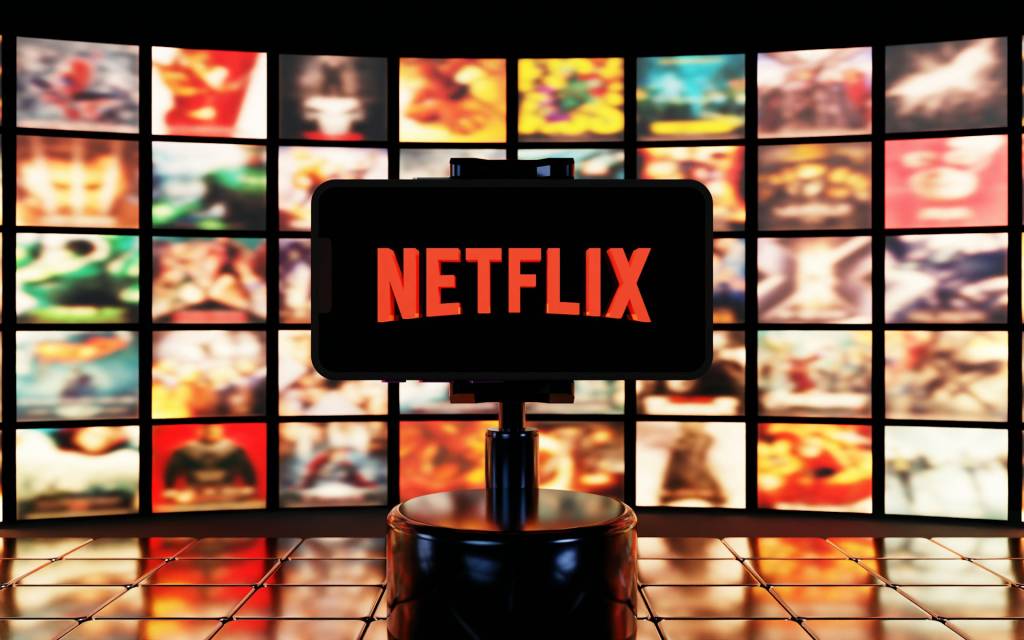 Una ilustración abstracta que representa la interconexión de redes de datos y plataformas digitales, con el logo de Netflix sutilmente integrado en el diseño.