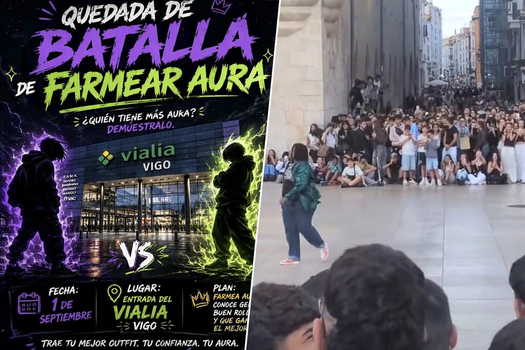 Adolescentes reunidos en una plaza pública bajo la luz del atardecer, interactuando y mirando sus teléfonos móviles, con un aire de expectativa y conexión social.
