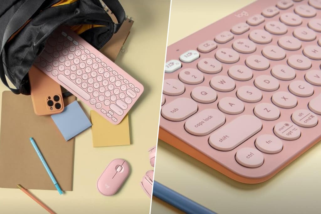 Teclado Logitech Pebble Keys 2 K380s en color rosa pastel sobre un escritorio minimalista.