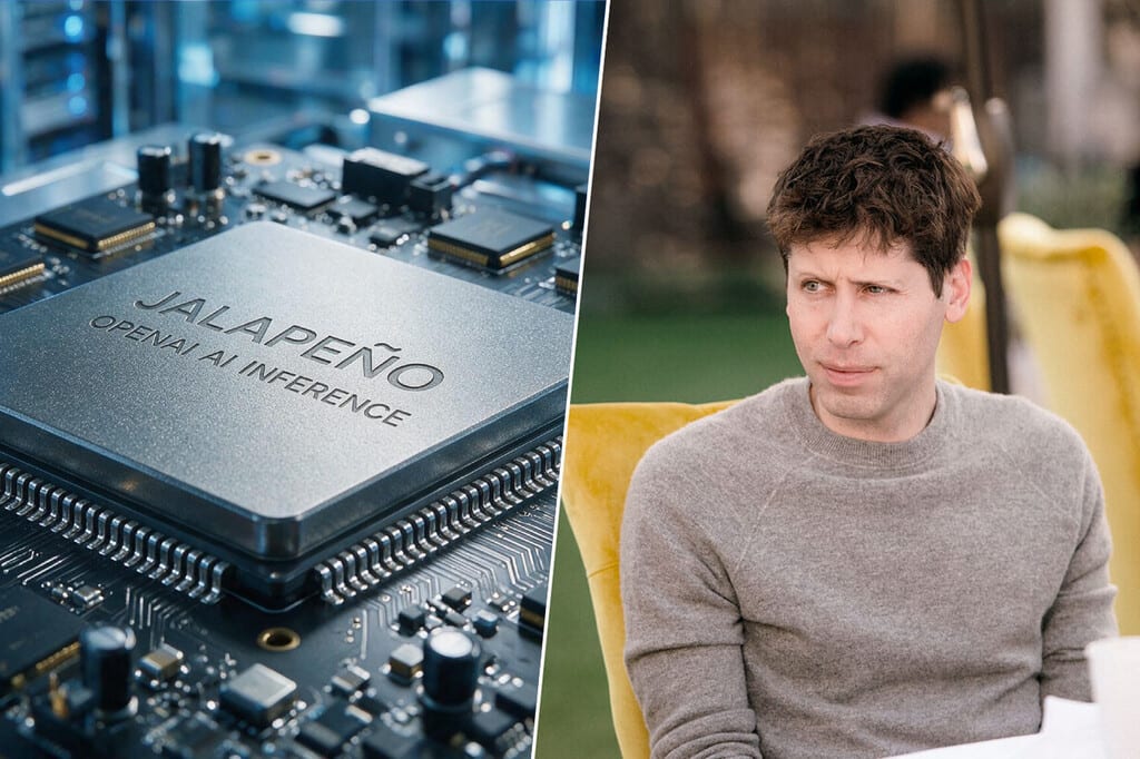 OpenAI Jalapeño AI inference chip next to Nvidia Blackwell chip with glowing circuits