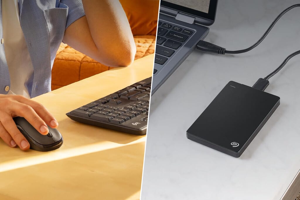 Notebook, tablet, and headphones on a desk with school supplies