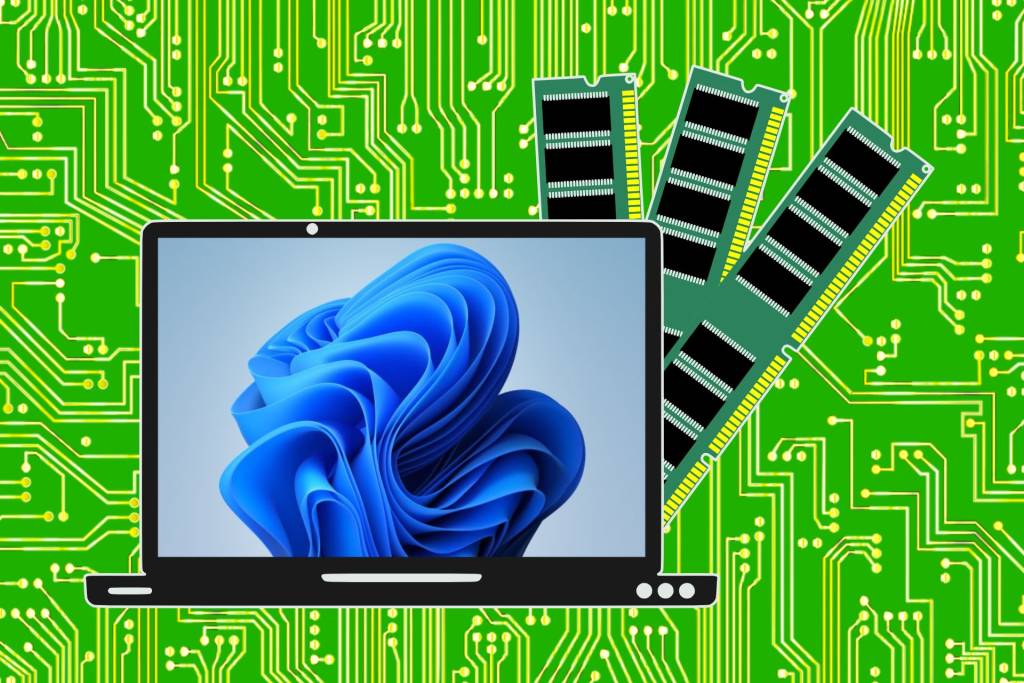 Representación abstracta de datos fluyendo entre la memoria RAM y el archivo pagefile.sys en un disco duro, con un aura de código binario y circuitos.