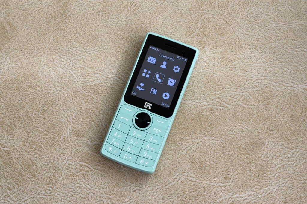 Un teléfono móvil básico de teclas con un diseño retro, contrastando con un entorno moderno y tecnológico.