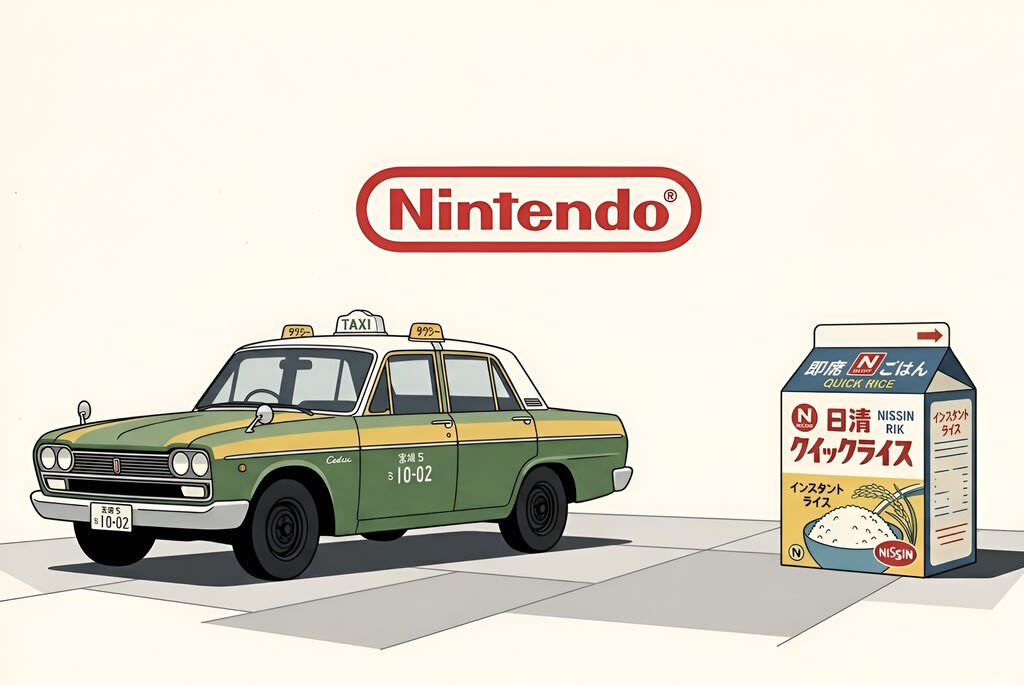 Colección de artefactos históricos de Nintendo, incluyendo cartas de juego antiguas, un taxi de empresa de los años 70 y un paquete de arroz instantáneo.