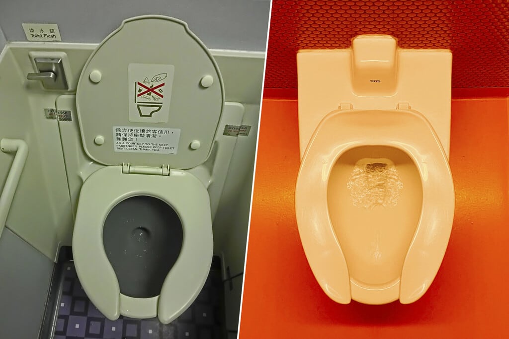 Fotografía editorial de un inodoro público con asiento en forma de 'U', enfocándose en el detalle del diseño abierto.