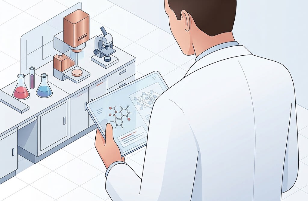 Representación abstracta de inteligencia artificial interactuando con moléculas y datos médicos.