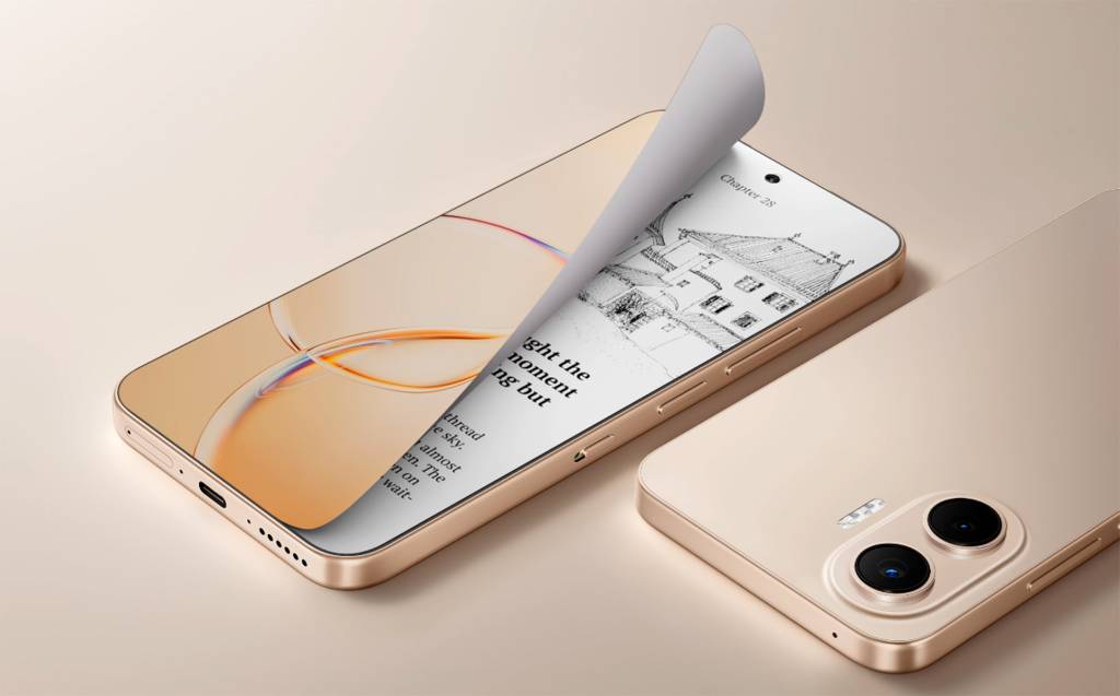 Un smartphone TCL con un botón visible en el lateral, mostrando una interfaz de lectura de libros electrónicos en su pantalla.