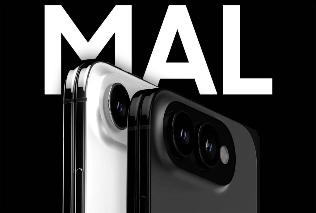 Imagen conceptual de un smartphone plegable futurista con el logo de Apple sutilmente integrado.