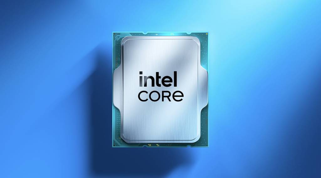 Un primer plano de un procesador Intel sobre un fondo tecnológico abstracto.