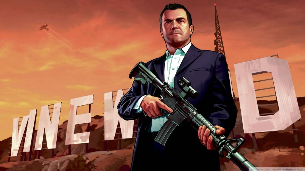 Representación conceptual de Grand Theft Auto V ejecutándose en un dispositivo móvil con elementos de interfaz de usuario de videojuegos superpuestos.