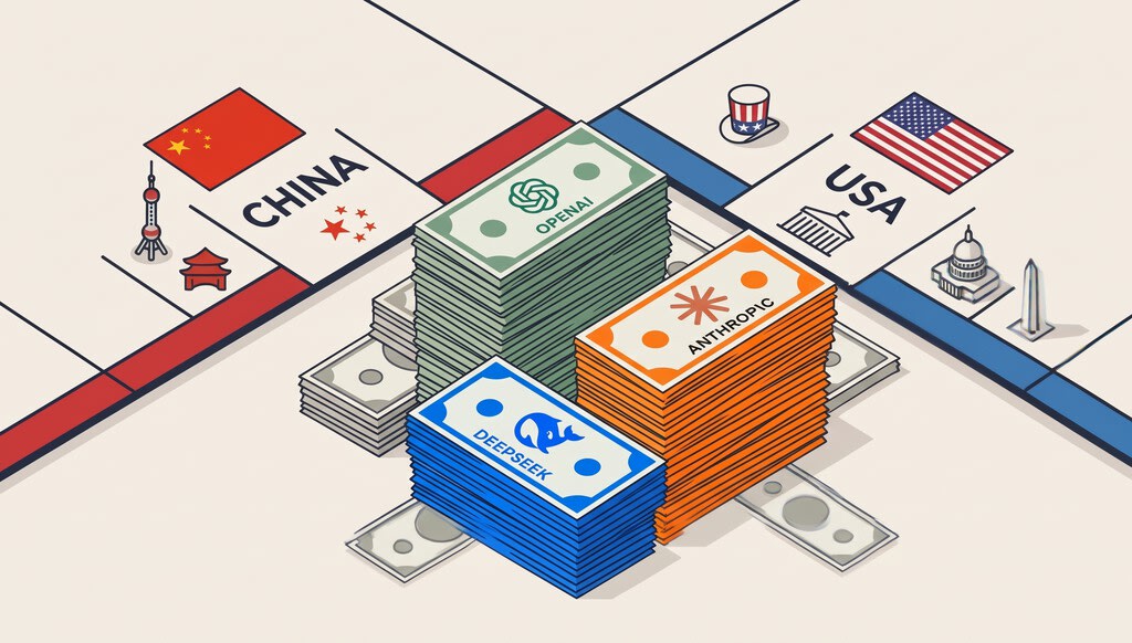 Directivos de grandes empresas tecnológicas discutiendo frente a un gráfico complejo de IA y finanzas.