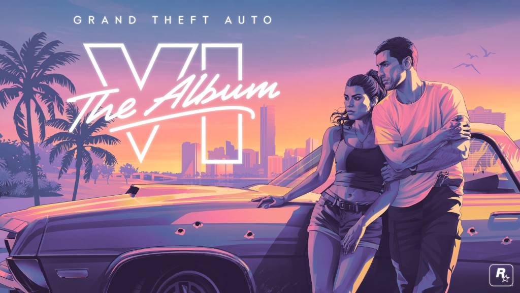 Portada del álbum de vinilo de la banda sonora de Grand Theft Auto VI, con un diseño retro-futurista en tonos oscuros y neón.