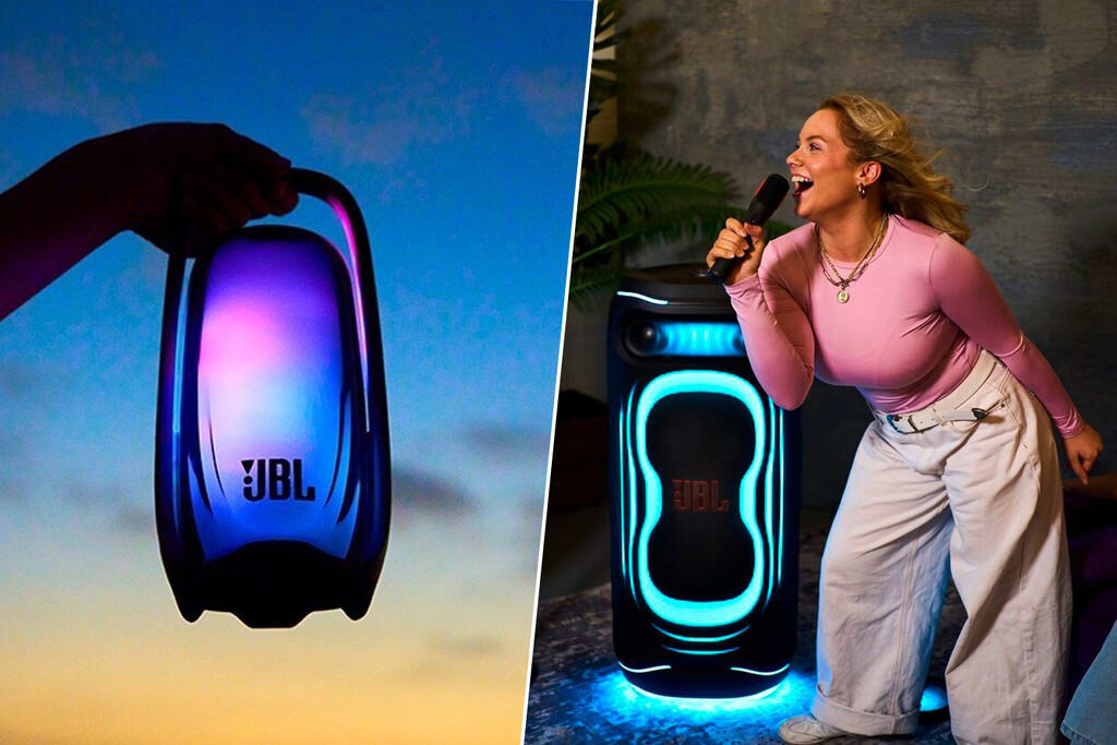 Un altavoz JBL PartyBox Ultimate 2 con luces LED vibrantes y el modelo JBL Pulse 6 al fondo, ambos en un entorno de fiesta moderno.