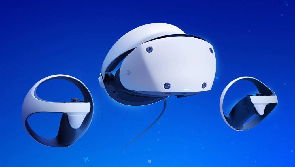 Imagen conceptual de un casco de realidad virtual con el logo de Sony y Meta fusionados.