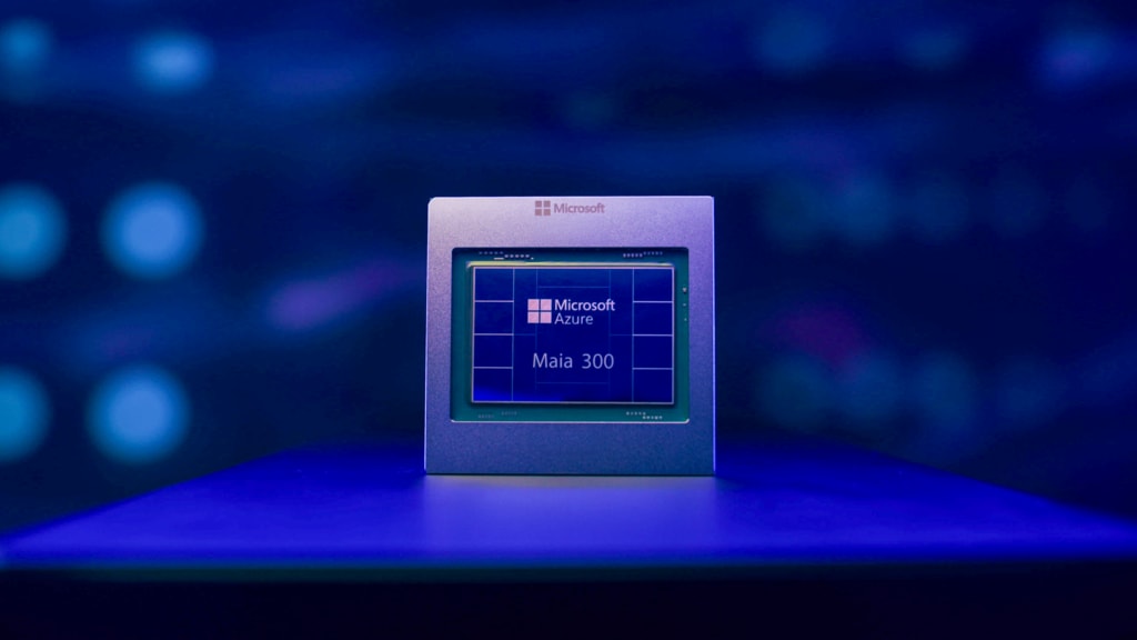Un chip de computadora de IA con luces azules y doradas, representando la tecnología de Microsoft.