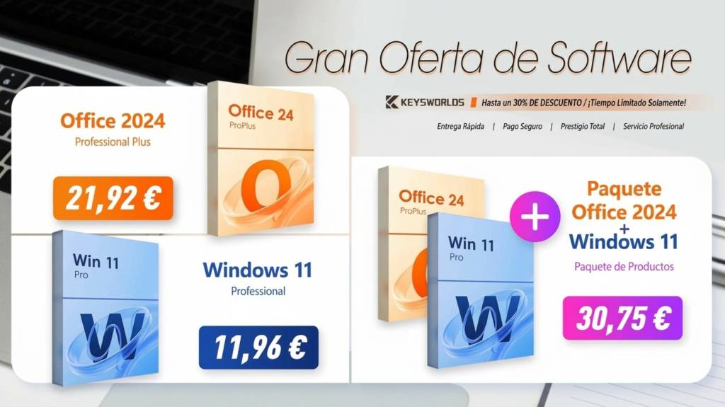 Un teclado y un ratón junto a un monitor de ordenador mostrando el logo de Windows 11 y Office.