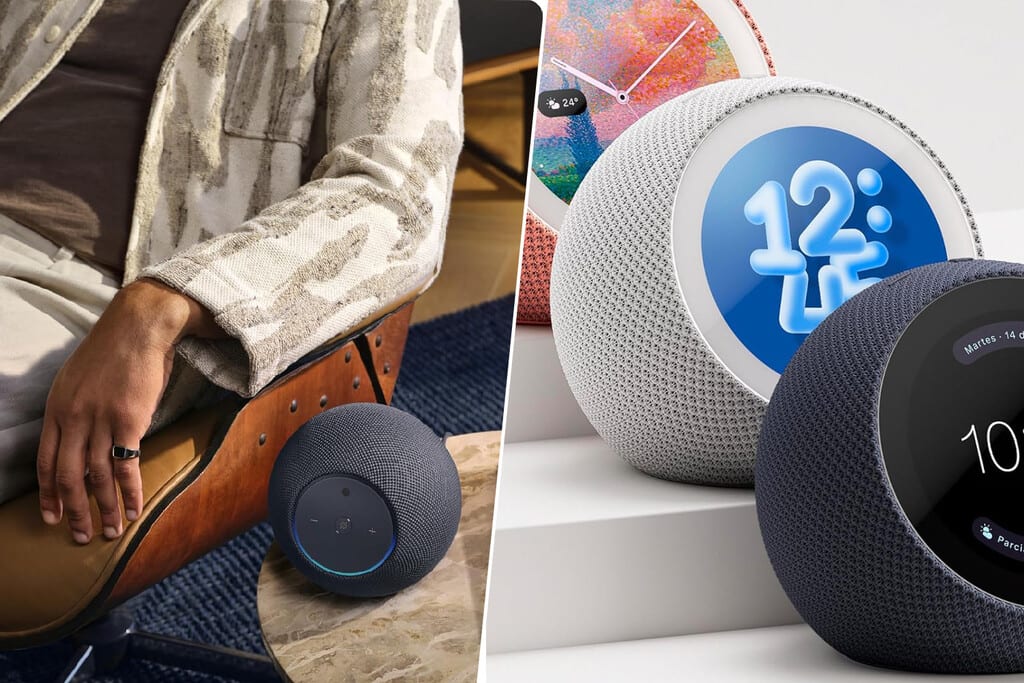 Una composición de los nuevos altavoces Amazon Echo Dot y Echo Studio en un entorno doméstico moderno y minimalista, destacando su diseño y tecnología.