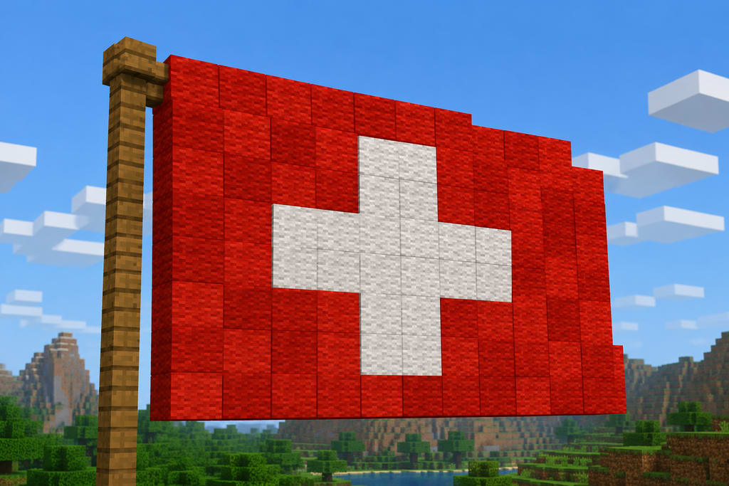 Representación digital de un paisaje montañoso suizo recreado con bloques de Minecraft, con una superposición de datos topográficos.