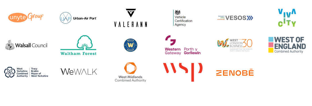 A collection of logos from various organizations, including Vehicle Certification Agency, West Midlands Combined Authority, VivaCity, and others, displayed on a white background.