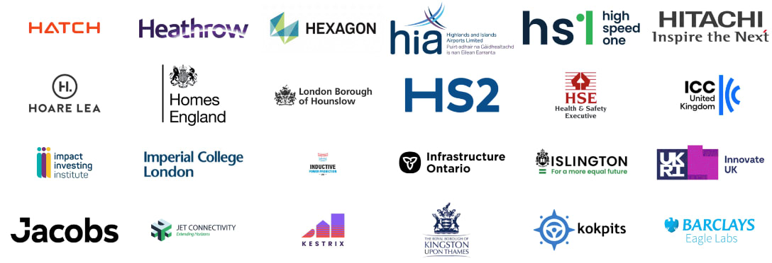 A collection of logos from various organizations including Heathrow, HS2, Imperial College London, and Barclays Eagle Labs, arranged in a grid pattern on a white background.