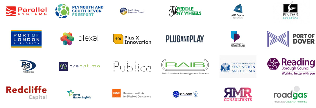 A collection of corporate logos displayed in a grid, representing various organizations and companies including Parallel Systems, Port of London Authority, and University of Portsmouth.