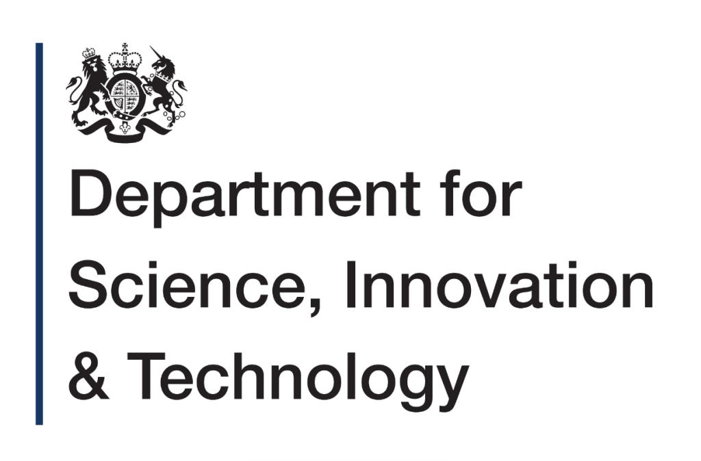 The image features the logo of the Department for Science, Innovation & Technology, with its name written in bold black text next to a coat of arms.