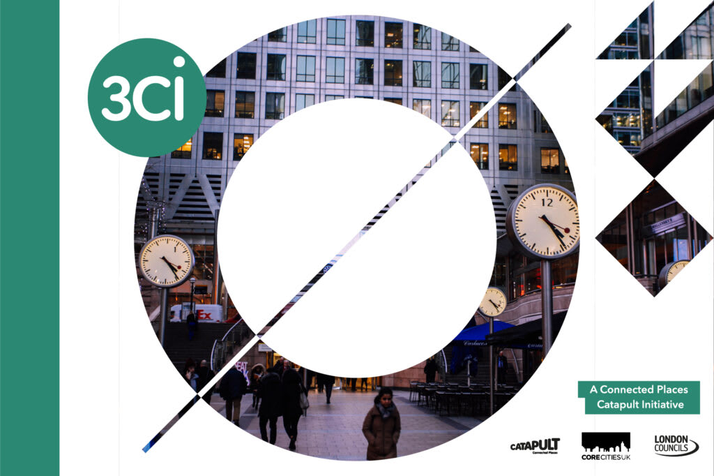 An urban scene featuring office buildings, a large circular graphic with intersecting lines, people walking, and three large clocks. Logos at the bottom read "Catapult," "Connected Places," and "London Councils.