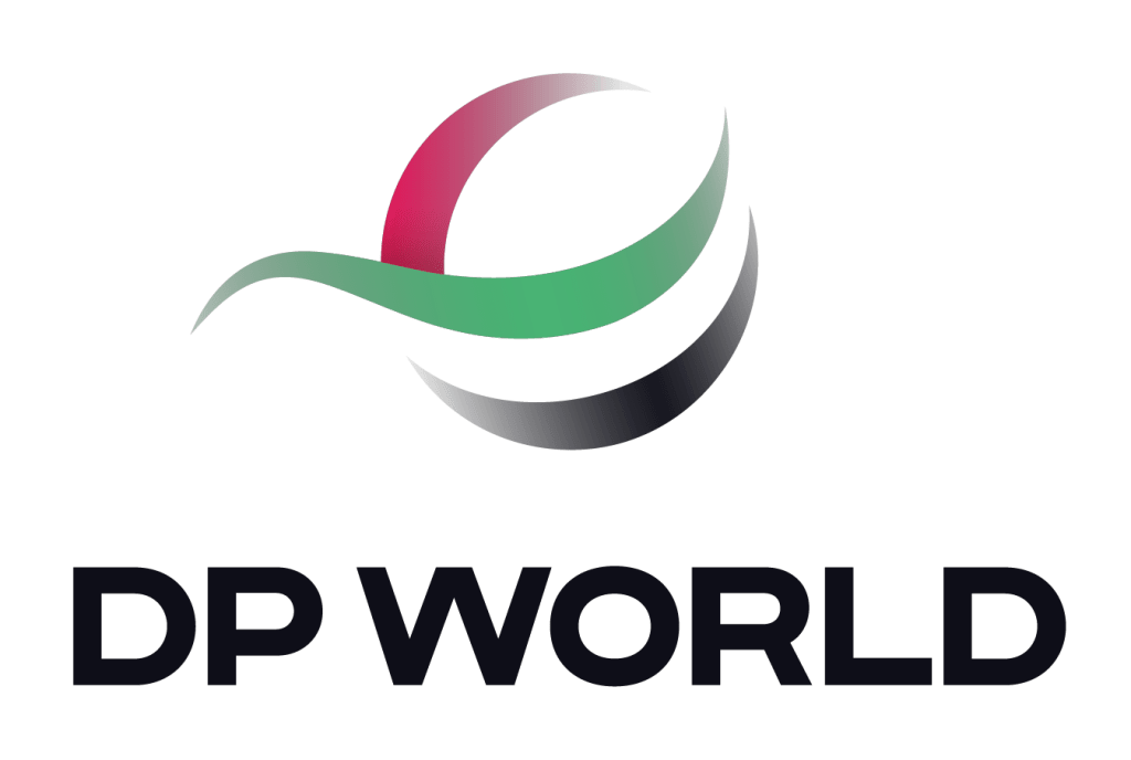 Logo of DP World, featuring a stylized globe with red and green curved lines intersecting it, positioned above the text "DP WORLD" in bold, black capital letters.