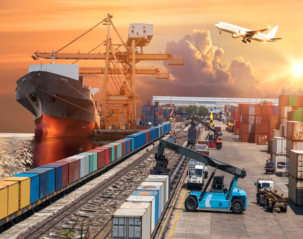 A cargo ship, freight train, and plane transport goods at a busy shipping port, with containers, cranes, and other logistics equipment visible against a sunset sky, showcasing the latest in transport research and innovation.
