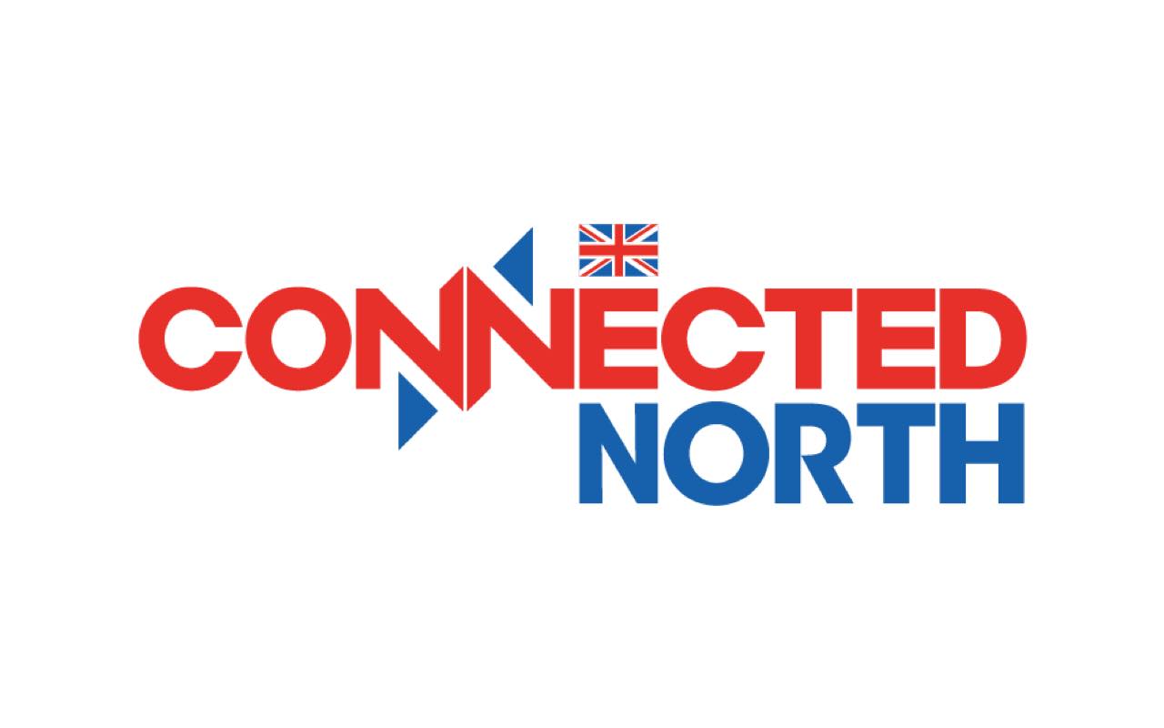 Logo with the text "Connected North" in bold red and blue letters, featuring a small British flag atop the letter "N" in "Connected.