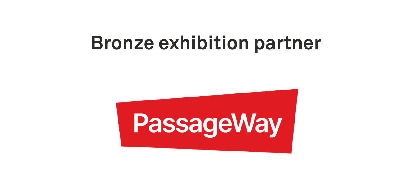 A white background with the text "Bronze exhibition partner" above a red, trapezoidal shape containing the word "PassageWay" in white letters.