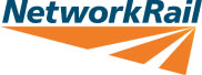 The Network Rail logo features its name in blue italicized text above an orange graphic resembling tracks or rays.