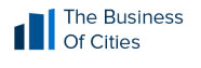 Logo with three vertical, blue, rectangular shapes of different heights on the left and the text "The Business of Cities" on the right.