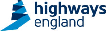 Logo of Highways England featuring a stylized blue road design next to the text "highways england.