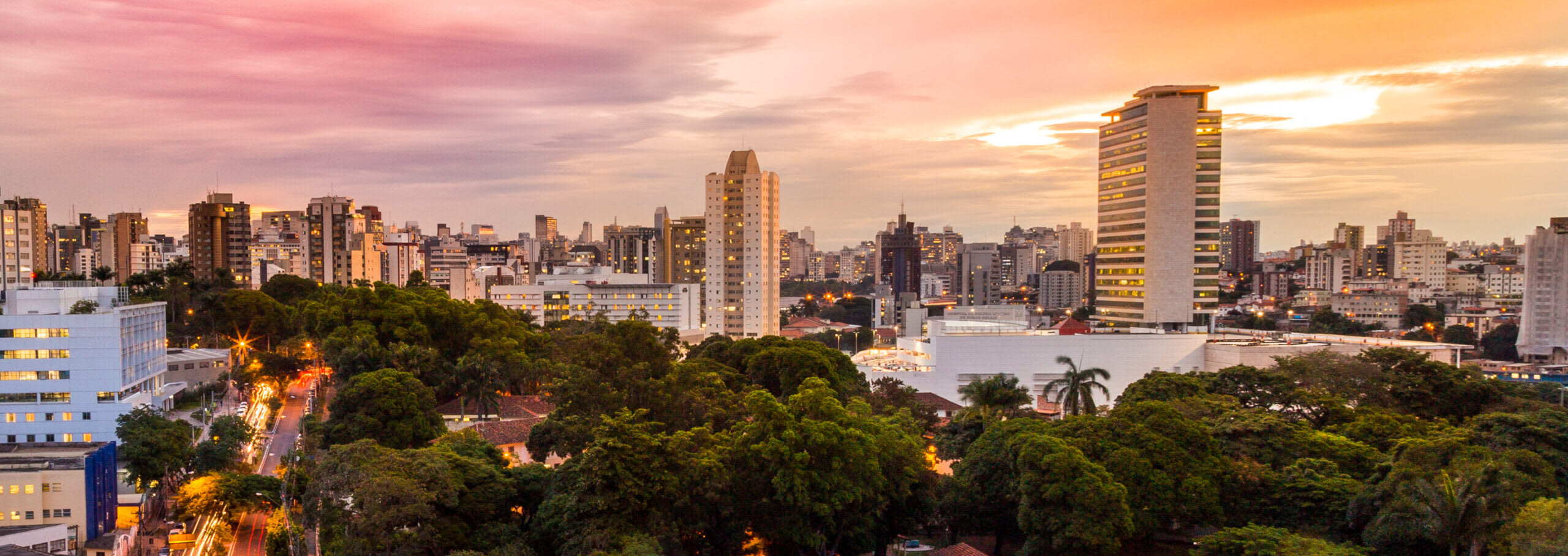 A city skyline at sunset, featuring tall buildings aiming for net zero emissions, lush green trees in the foreground, and a colorful sky with shades of pink, orange, and purple.