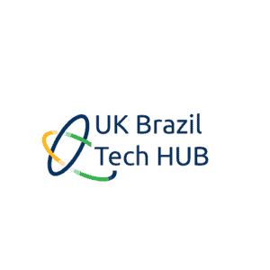 Logo of UK Brazil Tech Hub, featuring interlocking blue, yellow, and green rings next to the text "UK Brazil Tech HUB" in blue font on a white background.