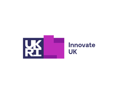 Logo of Innovate UK featuring a navy blue square with white letters "UKRI" on the left and a pink and purple geometric shape with the text "Innovate UK" on the right.