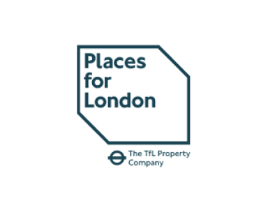 Logo of "Places for London," the TfL Property Company, featuring stylized text within a geometric shape with the TfL roundel logo at the bottom.