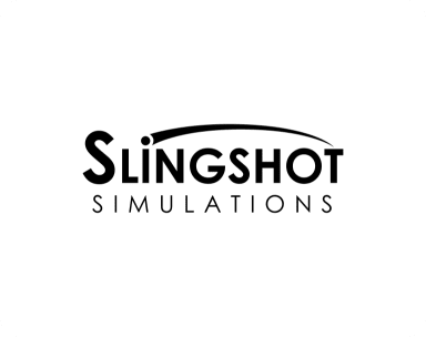Logo of Slingshot Simulations featuring the company's name in bold letters with a curved line above "Sling" symbolizing a slingshot.