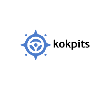 Logo with the word "kokpits" in black next to a blue symbol resembling a compass and a steering wheel.