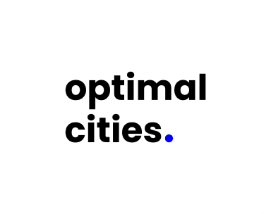 Text "optimal cities" with a blue dot on a white background.