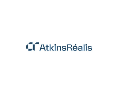 The logo shows the text "AtkinsRéalis" in blue, with a design of four interlocking squares on the left. The background is white.