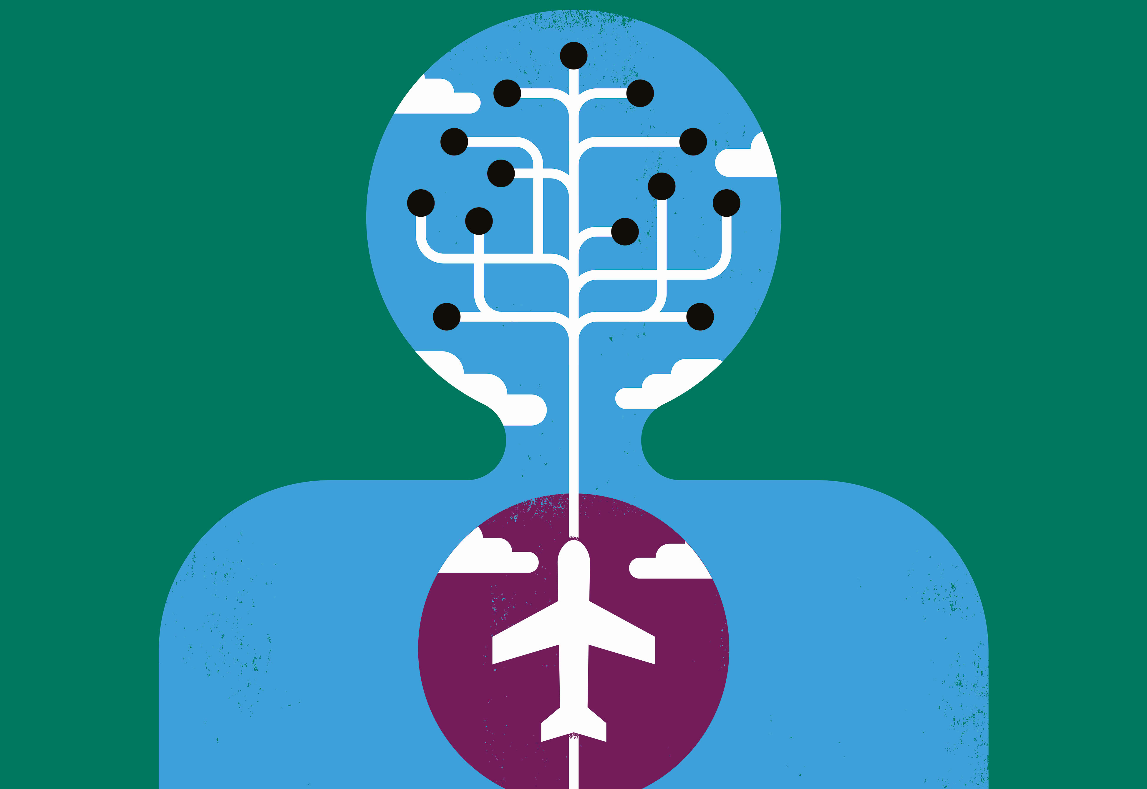 Illustration of a human figure with a network-like brain connecting to an airplane in the chest, symbolizing thought and travel interconnectedness against a green background, capturing the essence of flight.