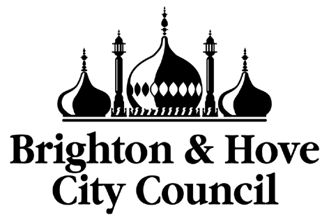 Logo of Brighton & Hove City Council featuring a black and white illustration of domed buildings, surrounded by the council's name in bold text underneath the image.