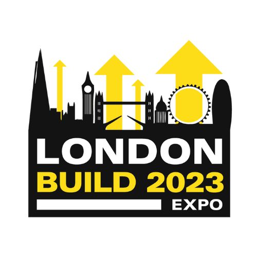 Logo for London Build 2023 Expo, featuring the London skyline in black with yellow arrows pointing upward and the event name in bold white and yellow text below.